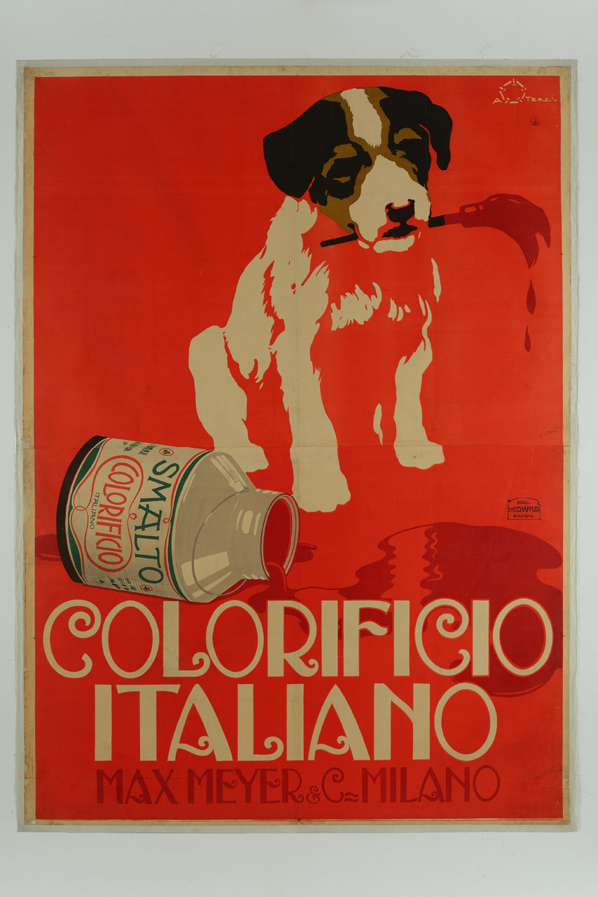 cucciolo di cane razza beagle con pennello in bocca e barattolo di vernice rossa rovesciato (manifesto) di Terzi Aleardo (sec. XX)