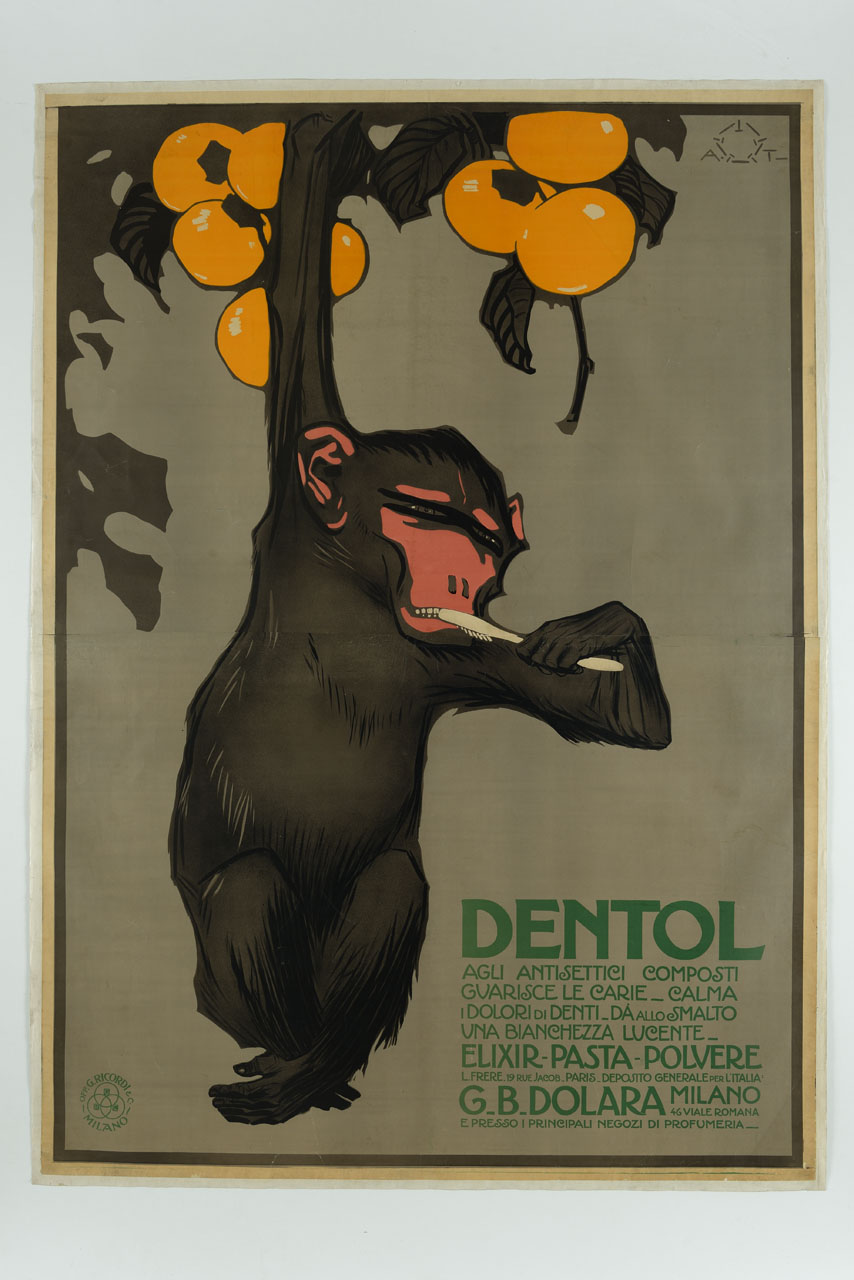 scimpanzè con spazzolino appesa a ramo con cachi (manifesto) di Terzi Aleardo (sec. XX)