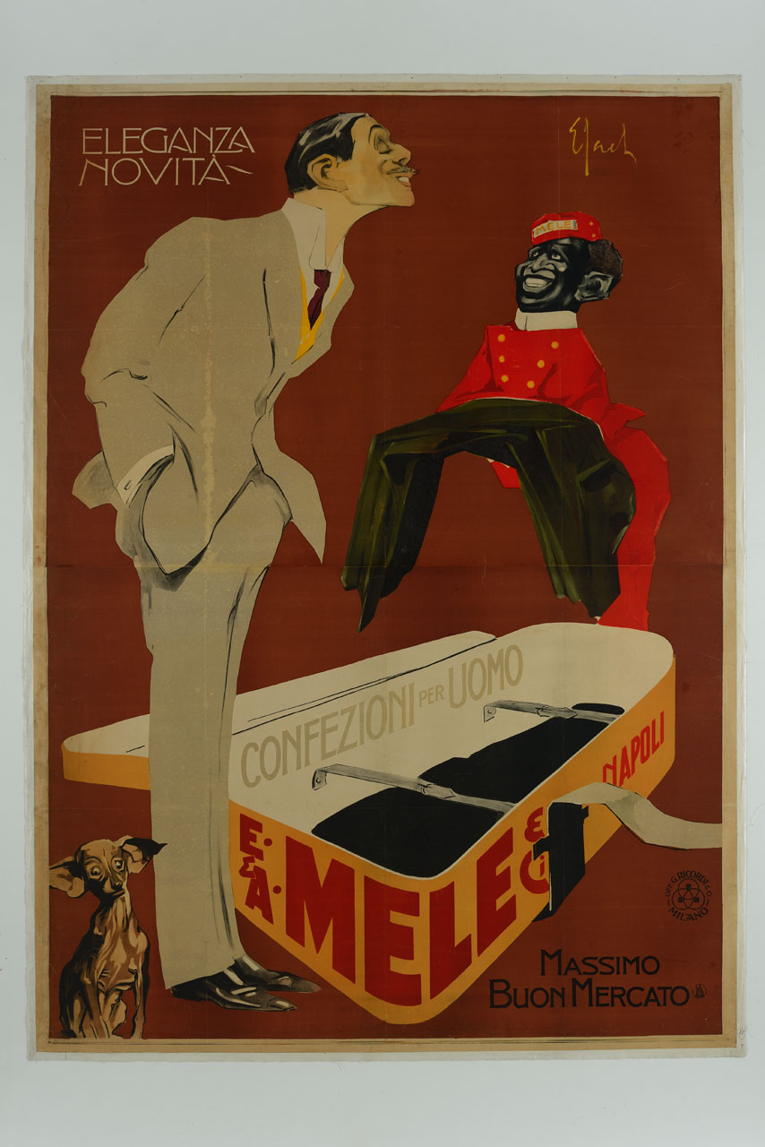 commesso di colore in uniforme rossa porge abiti a signore in abito grigio con piccolo chihuahua ai piedi (manifesto) di Sacchetti Enrico (sec. XX)