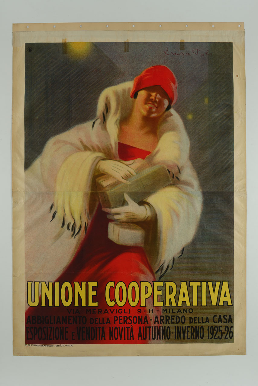 donna in abito rosso e pelliccia bianca con pacchetti (manifesto) di Polo Luisa (sec. XX)