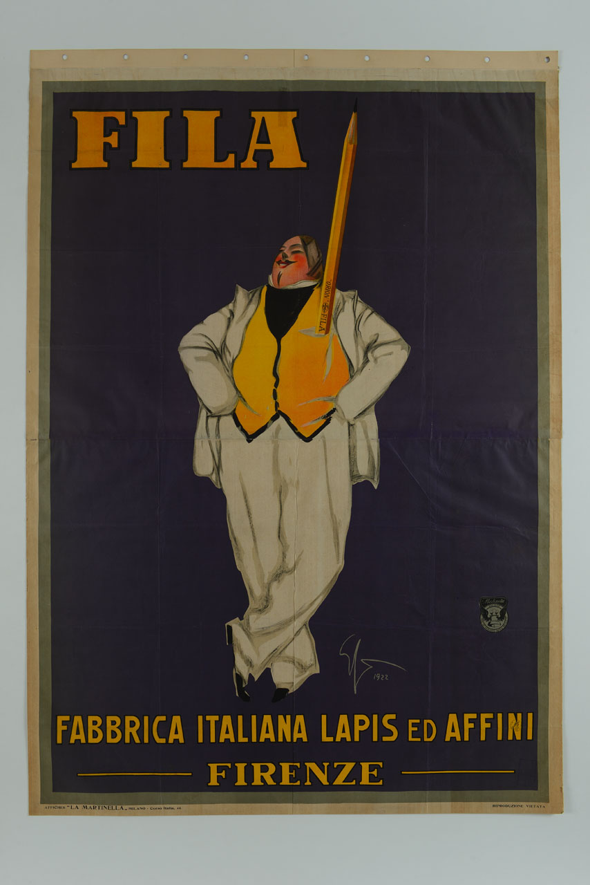 uomo n abito bianco con grande matita nel taschino (manifesto) di Sacchetti Enrico (sec. XX)