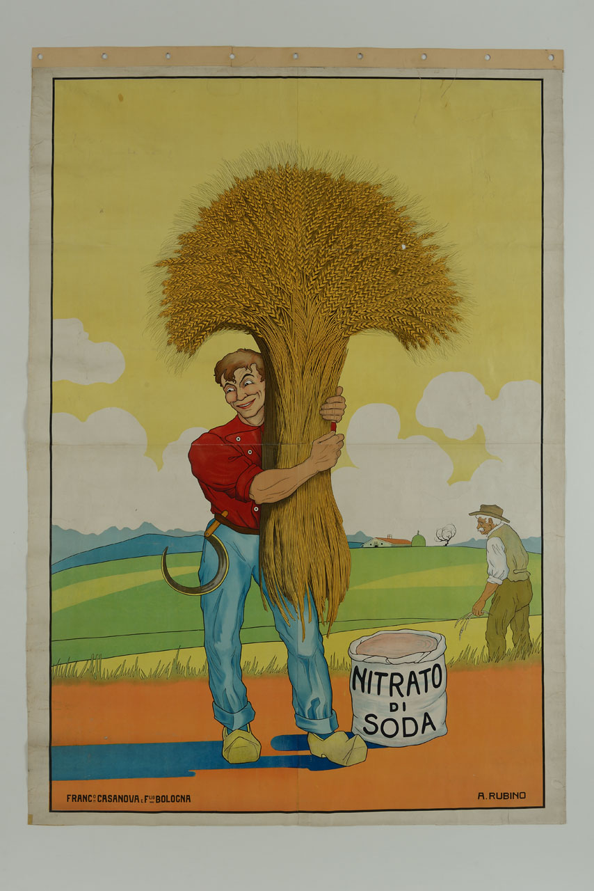 giovane agricoltore con grande fascio di spighe di grano e sacco con nitrato di sodio; paesaggio agrario sullo sfondo con uomo anziano nei campi (manifesto) di Rubino Antonio (sec. XX)