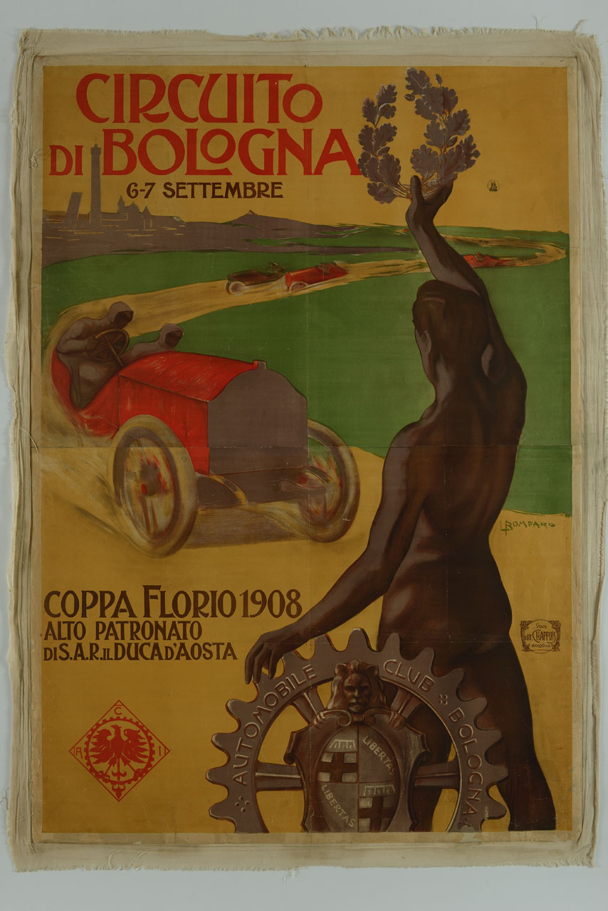 uomo nudo di spalle con ruota dentata e stemma saluta con corona di quercia automobili in corsa su circuito; vista di Bologna sullo sfondo (manifesto) di Bompard Luigi (sec. XX)
