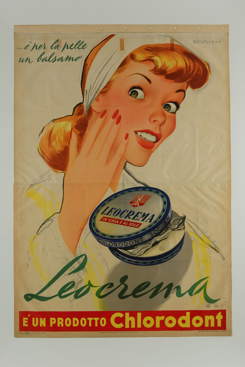 donna a mezzobusto con fascia tra i capelli spalma crema sul viso; barattolo di crema in primo piano (manifesto) di Rossetti Gian Carlo (sec. XX)