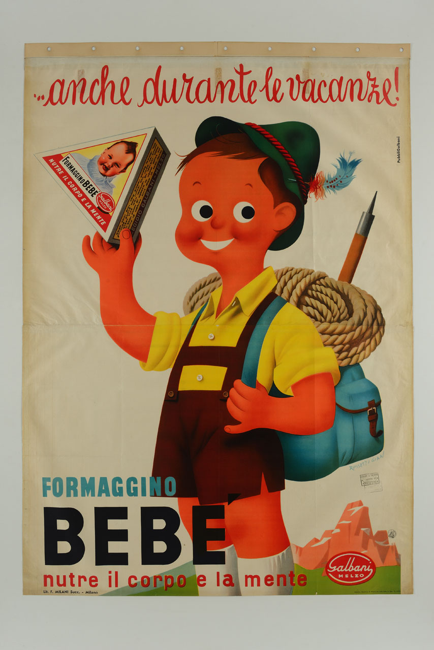 bambino vestito da alpinista mostra sorridente formaggino (manifesto) di Rossetti Gian Carlo (sec. XX)