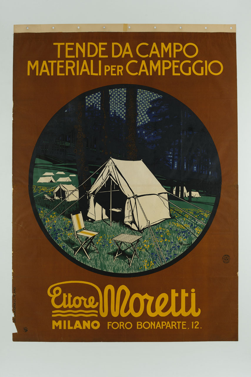 bosco con tende da campeggio, sedie e tavolino (manifesto) di Stroppa Mario detto Marius (sec. XX)