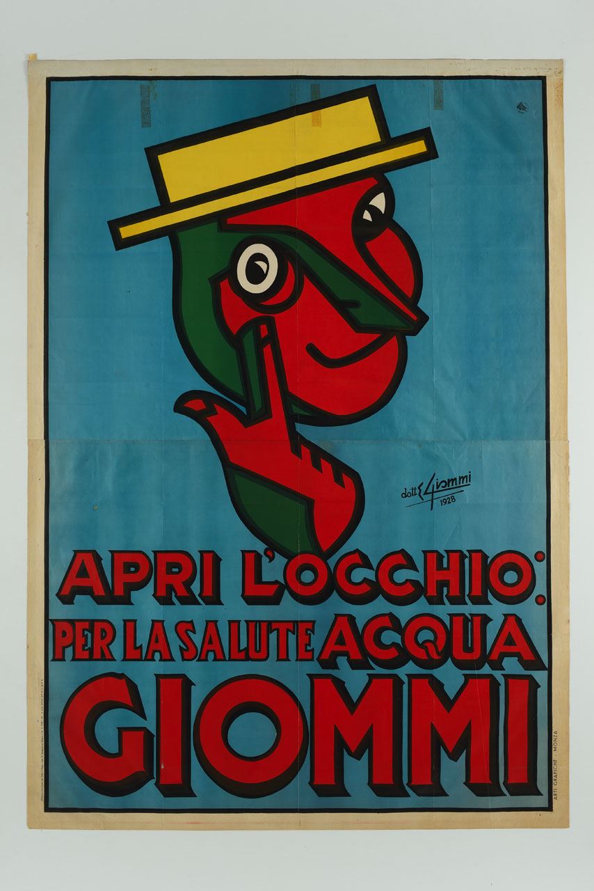 volto di fantasia con cappello indica occhio con una mano (manifesto) di Giommi Ercole - ambito italiano (sec. XX)