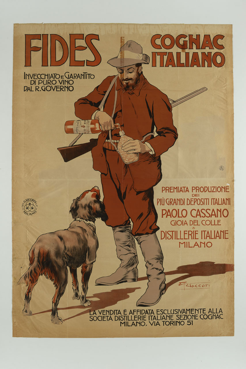 cacciatore con cane versa liquore dentro fiaschetta (manifesto) di Vaccari Alfredo (sec. XX)