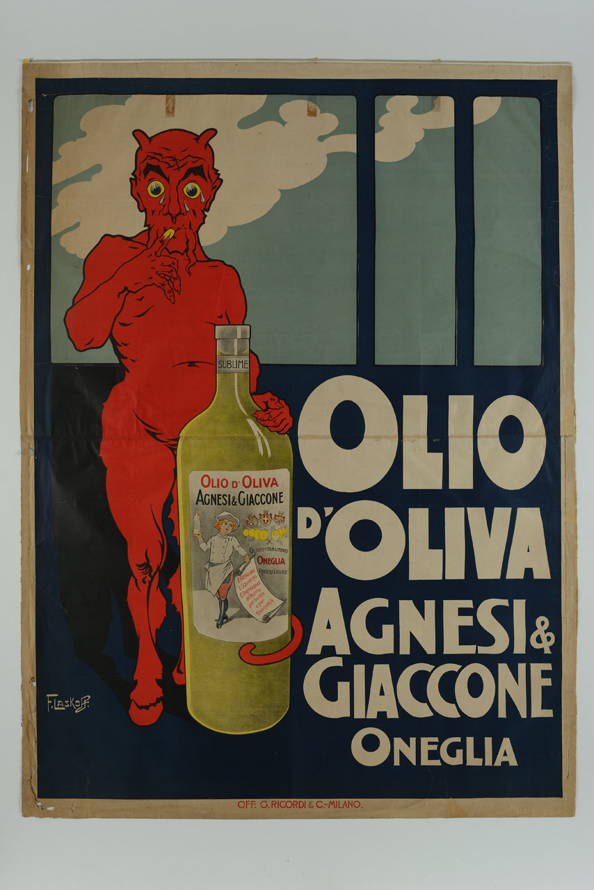 diavoletto rosso assaggia l'olio di oliva da una grande bottiglia accanto a lui (manifesto) di Laskowski François detto Laskoff Franz (sec. XX)