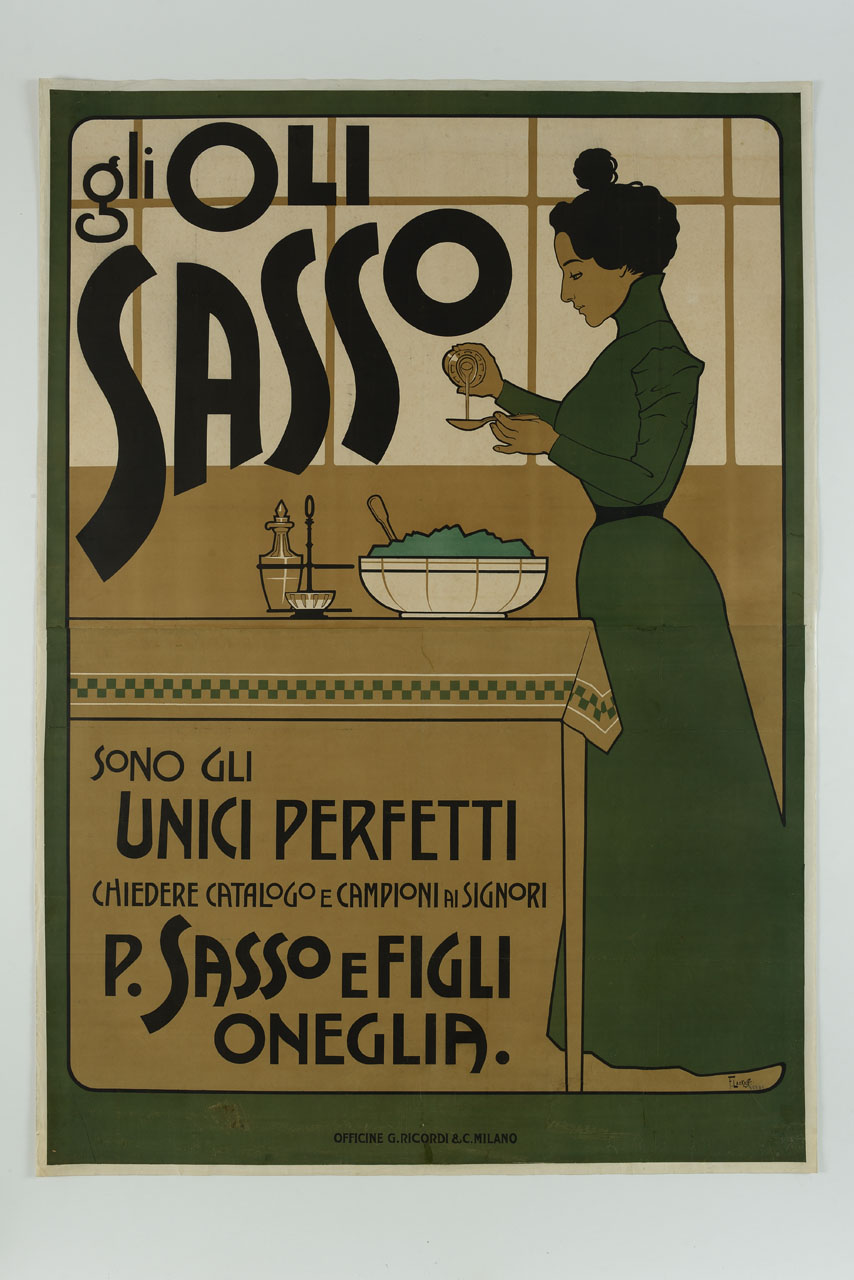 figura femminile che versa olio di oliva su una pietanza (manifesto) di Laskowski François detto Laskoff Franz (sec. XX)
