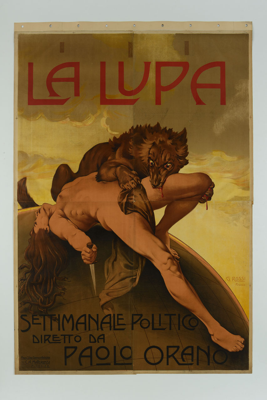 lupo addenta Medusa appoggiata sulla sfera terrestre (manifesto) di Rossi Giuseppe (sec. XX)