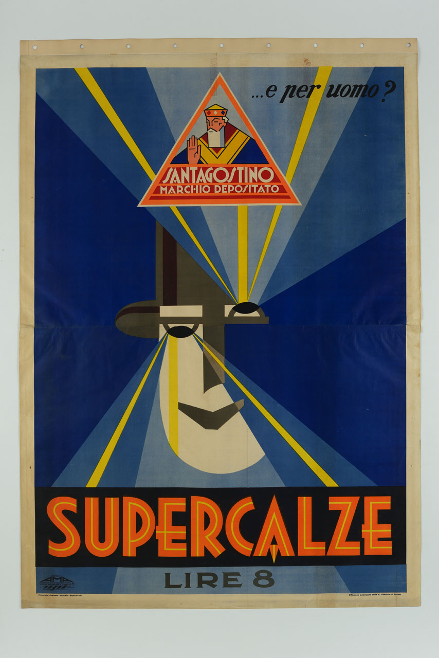 faccia con due fasci di luce che partono dagli occhi a illuminare il marchio e la tipologia del bene pubblicizzato (manifesto) - ambito italiano (sec. XX)