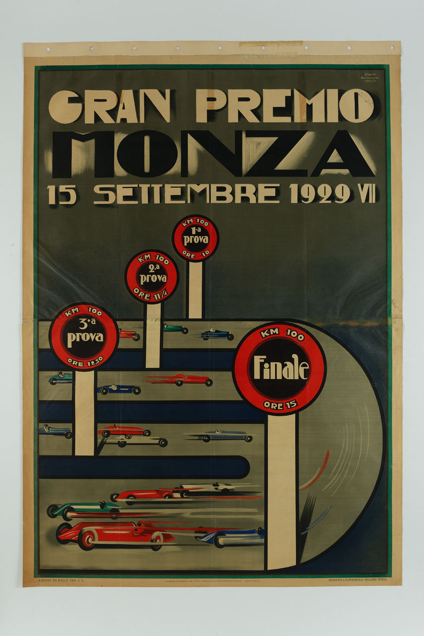 automobili in velocità in un tracciato stradale (manifesto) di Bevilacqua Alberto - ambito italiano (sec. XX)