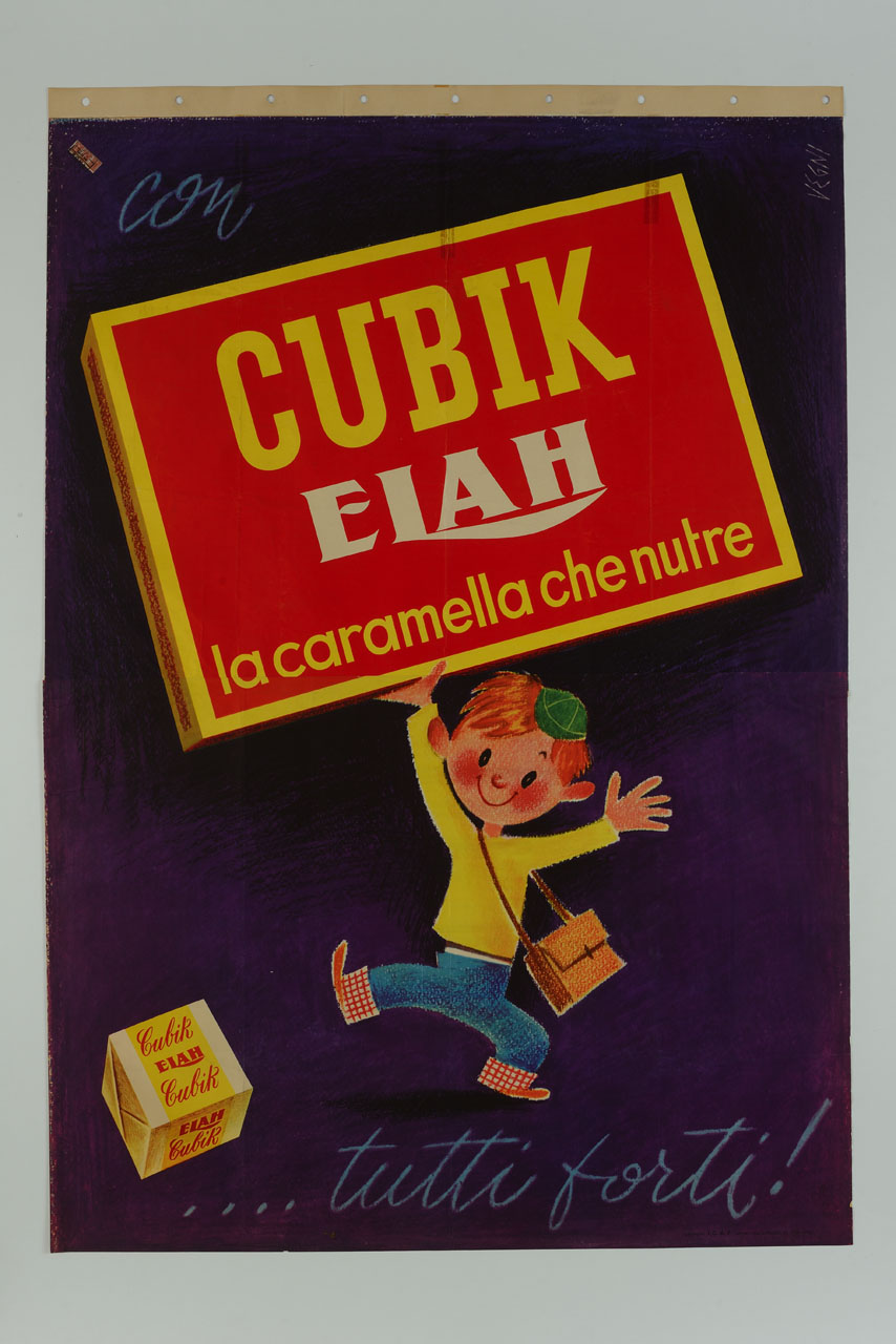 bambino che tiene in mano una grande scatola di caramelle (manifesto) di Vegni Luciano (sec. XX)