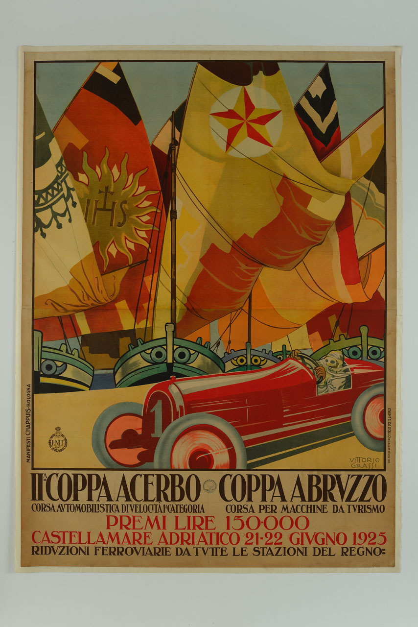tra vele colorate un'automobile guidata veloce da una figura mascherata da fantasma (manifesto) di Grassi Vittorio (sec. XX)
