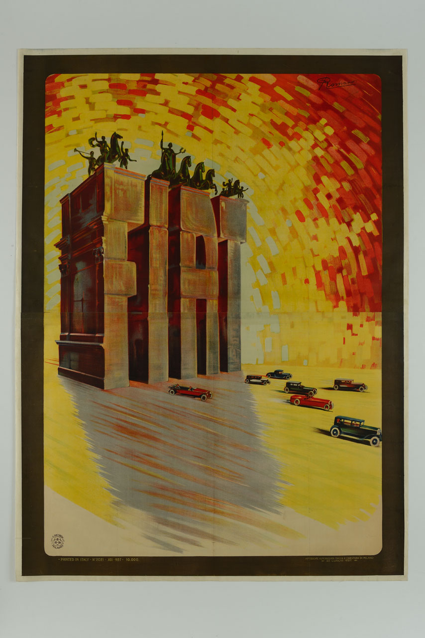 sopra arco trionfante composto di blocchi che compongono FIAT stanno quadrighe di cavalli e soldati, dal basamento partono automobili (manifesto) di Romano Umberto Roberto (sec. XX)