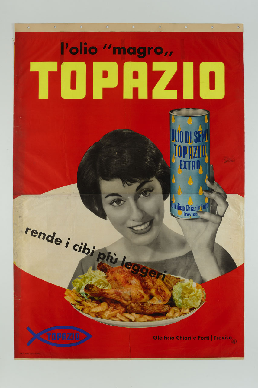 donna mostra una lattina di olio e un piatto con pollo arrosto, patate e insalata (manifesto) - ambito italiano (sec. XX)