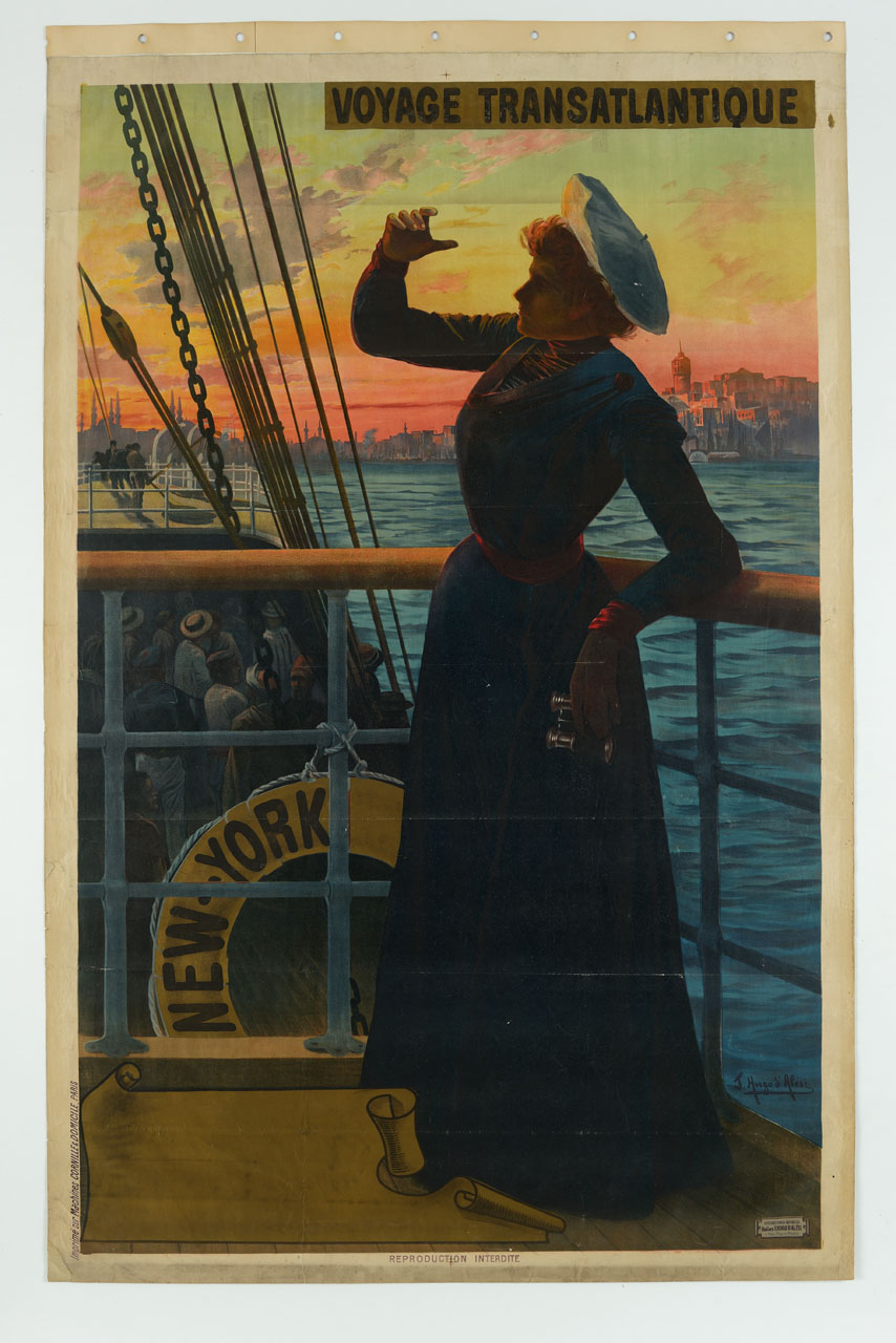 figura femminile sul ponte di un transatlantico, mare e città sullo sfondo (manifesto) di Frederic Hugo d'Alesi (sec. XIX/ sec. XX)