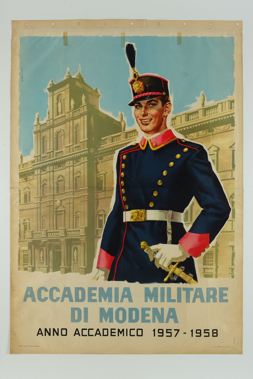 cadetto in alta uniforme davanti al Palazzo ducale di Modena (manifesto) di Gregori Silvio, Gregori Nino (sec. XX)