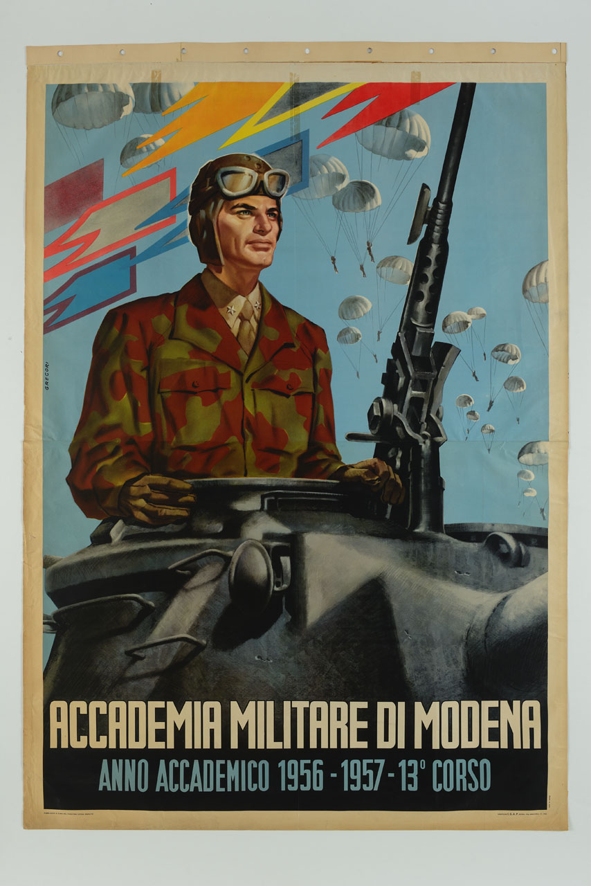 militare in tenuta mimetica esce da una carroarmato mentre dal cielo arrivano paracadutisti (manifesto) di Gregori Silvio, Gregori Nino (sec. XX)