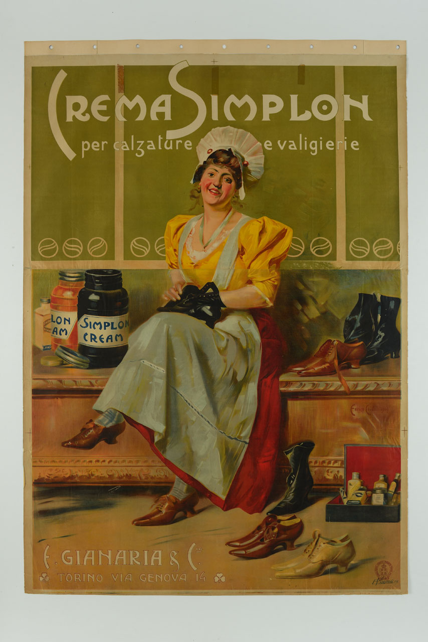 cameriera che sta lucidando degli stivaletti in pelle (manifesto) di Crida Enrico - ambito italiano (sec. XX)