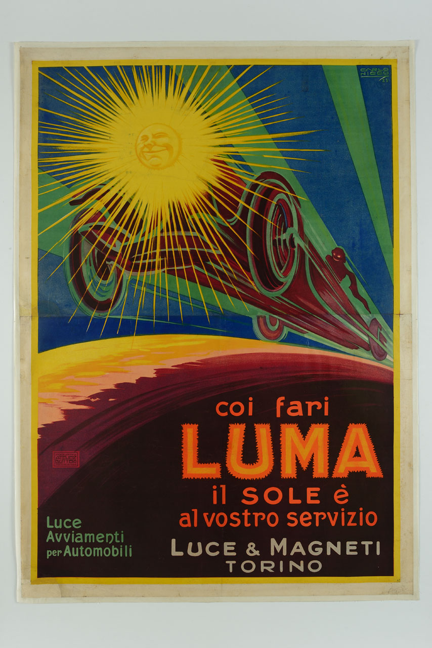 automobile in velocità con un faro anteriore a forma di sole antropomorfo (manifesto) di Nicco Carlo Emilio (sec. XX)
