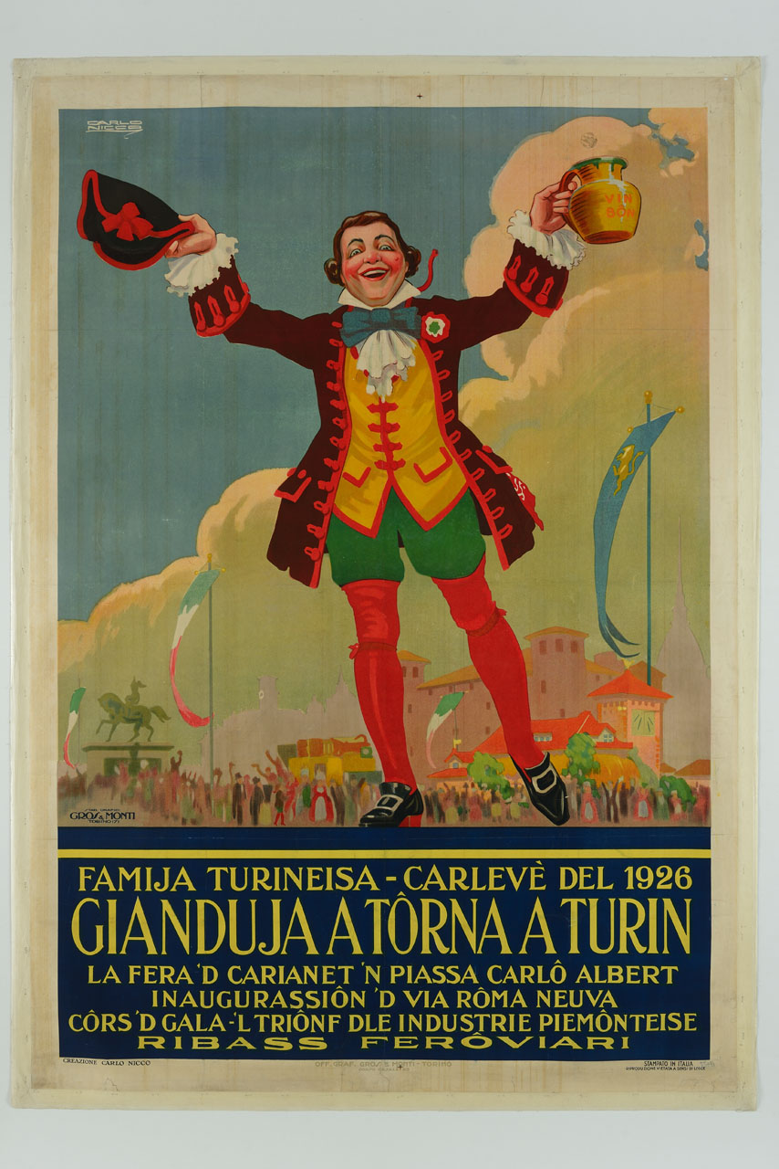 Gianduja sventola cappello e una brocca di vino, sulla sfondo la folla e il monumento a Emanuele Filiberto e il palazzo reale a Torino (manifesto) di Nicco Carlo Emilio (sec. XX)