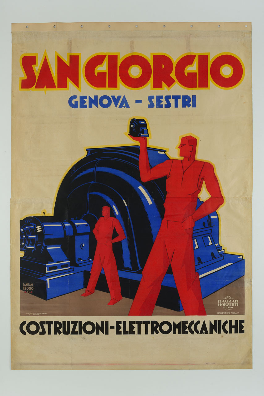 operai vicino a macchine utensili (manifesto) di Santambrogio Diego (sec. XX)