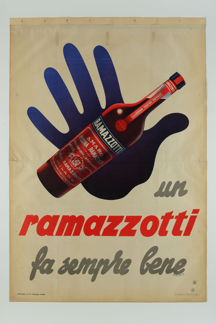 mano con bottiglia di amaro (manifesto) di Forlivesi Montanari Enzo detto Araca (sec. XX)