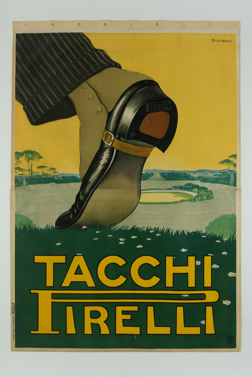 stivalettto maschile calpesta l'erba di un giardino all'italiana con vasca centrale (manifesto) di Bianchi Alberto (sec. XX)