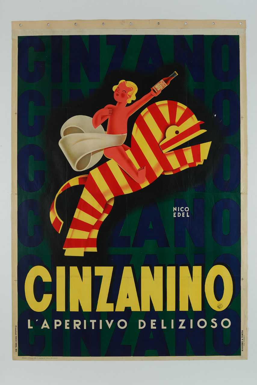 bambino cavalca un cavallo da giostra tenendo in mano una bottiglia (manifesto) di Edel Nico (sec. XX)
