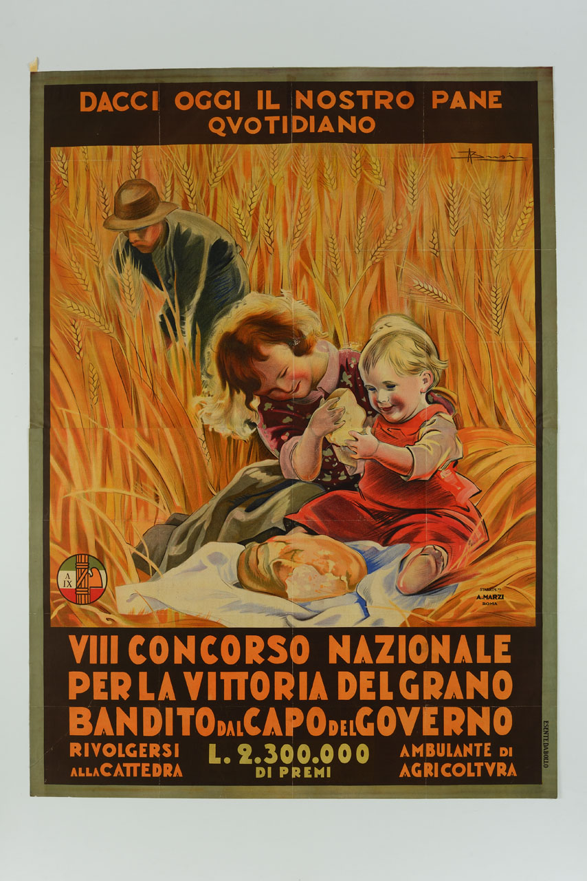 bambini in un campo di grano con una pagnotta di pane in mano mentre un contadino lavora tra le spighe (manifesto) di Busi Adolfo (sec. XX)