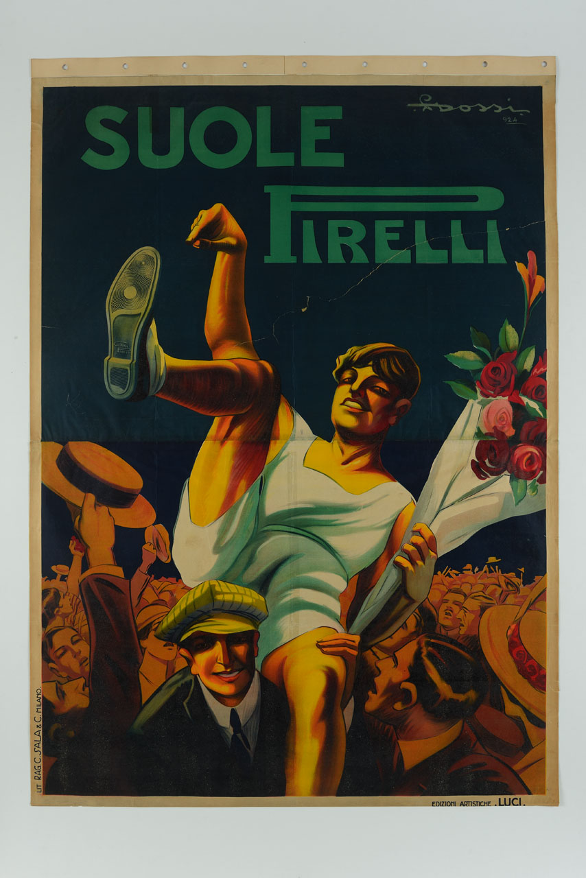 atleta portato sulle spalle in trionfo mostra scarpa (manifesto) di Dossi A - ambito italiano (sec. XX)