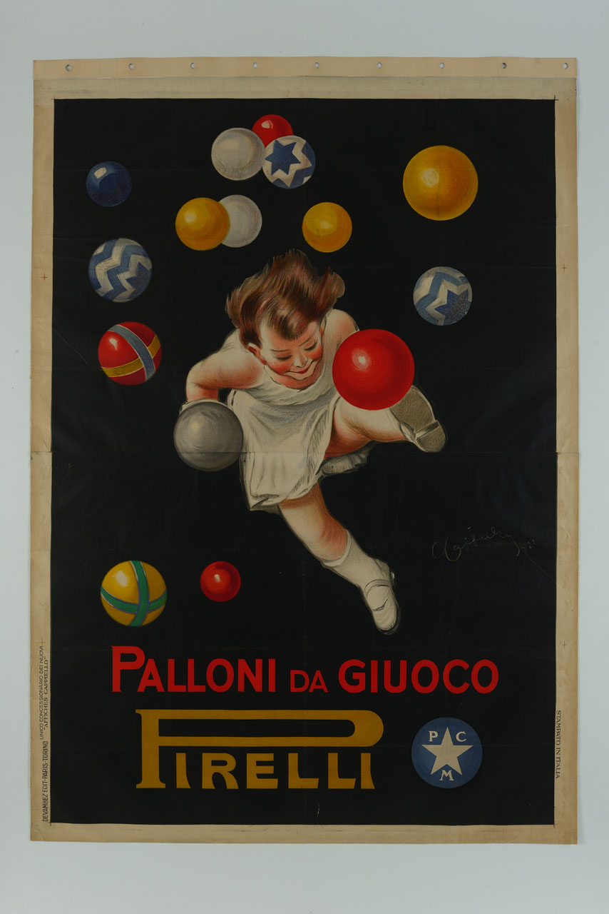 bambino gioca tra palle da gioco (manifesto) di Cappiello Leonetto (sec. XX)