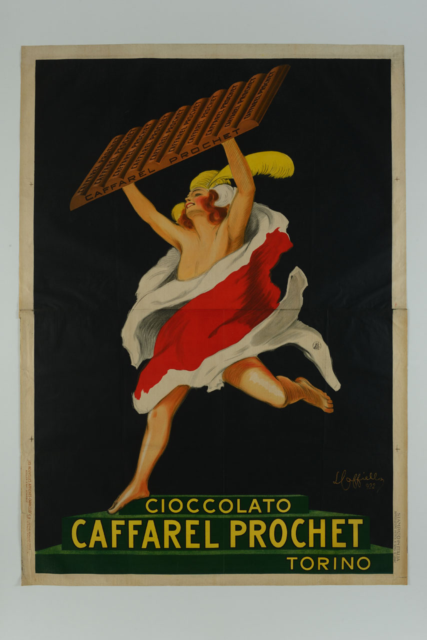 giovane con piuma tra i capelli porta una tavoletta di cioccolato e la mostra come trofeo (manifesto) di Cappiello Leonetto (sec. XX)