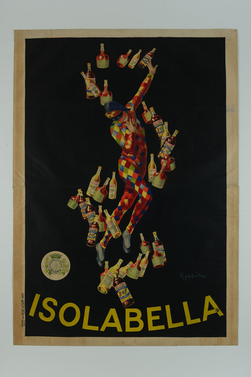 Arlecchino con la maschera balla tra le bottiglie (manifesto) di Cappiello Leonetto (sec. XX)