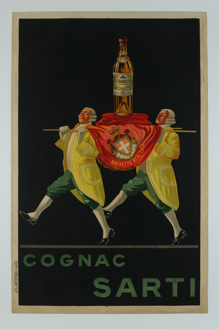 due maggiordomi camminano reggendo una portantina con sopra una bottiglia (manifesto) di Cappiello Leonetto (sec. XX)