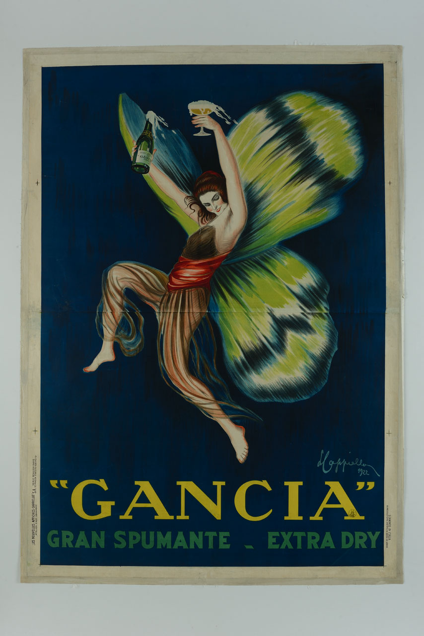 figura femminile con ali di farfalla regge una bottiglia e un calice di spumante (manifesto) di Cappiello Leonetto (sec. XX)