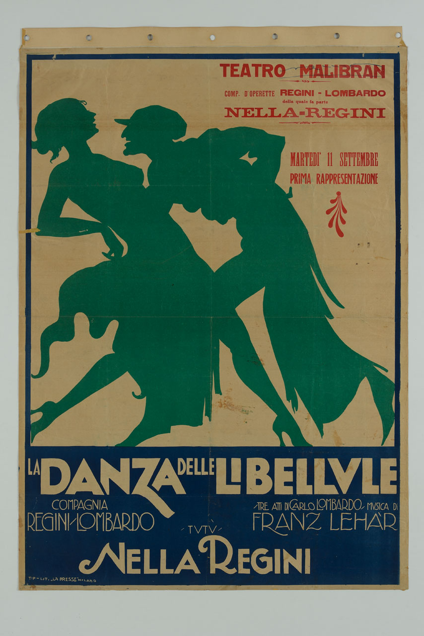 silhouette di una figura maschile con berretto che abbraccia la silhouette di una figura femminile che si ritrae (manifesto) di Ramo Luciano (sec. XX)