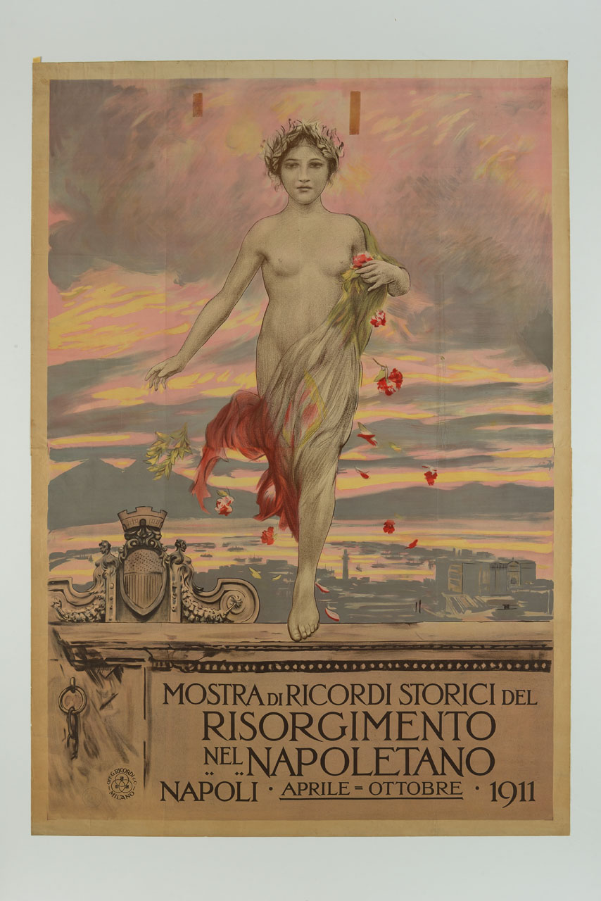 vittoria con garofani rossi e bandiera italiana incedente davanti al panorama del golfo di Napoli (manifesto) di Migliaro Vincenzo (sec. XX)