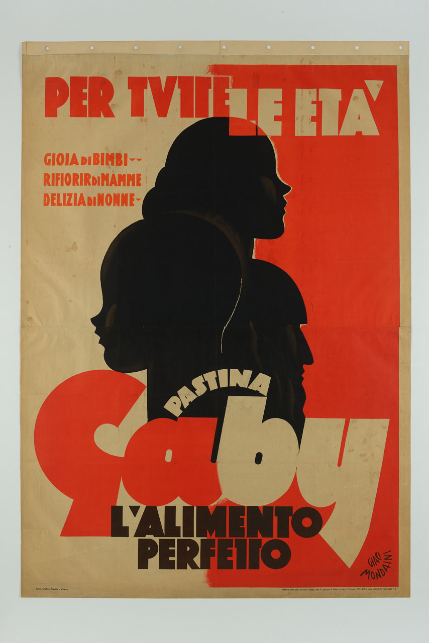 figura femminile di profilo verso destra, bambino di profilo verso sinistra e uomo di profilo verso destra (manifesto) di Mondaini Giacinto (sec. XX)