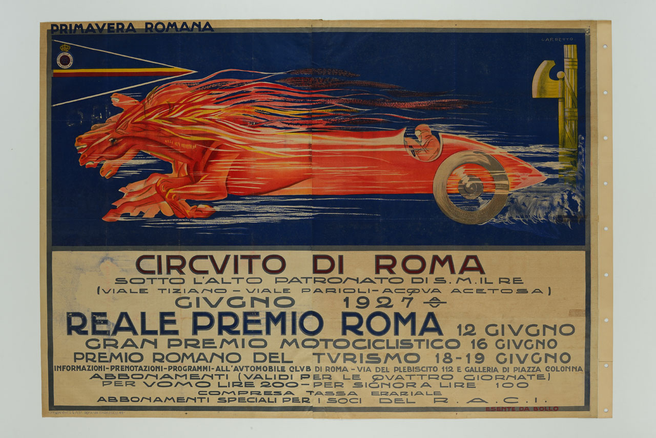 automobile in corsa che si trasforma in una batteria di cavalli mentre trascina un fascio littorio (manifesto) di Garretto Paolo Federico (sec. XX)