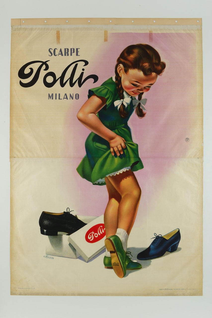 bambina si guarda le scarpe tra scarpe da adulto (manifesto) di Mosca Franco (sec. XX)