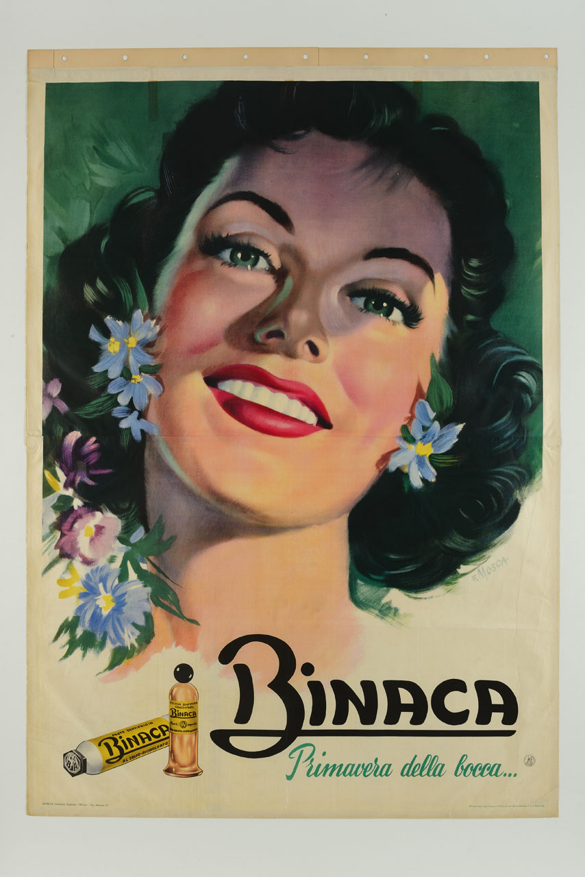volto femminile con fiori e prodotti per l'igiene personale (manifesto) di Mosca Franco (sec. XX)