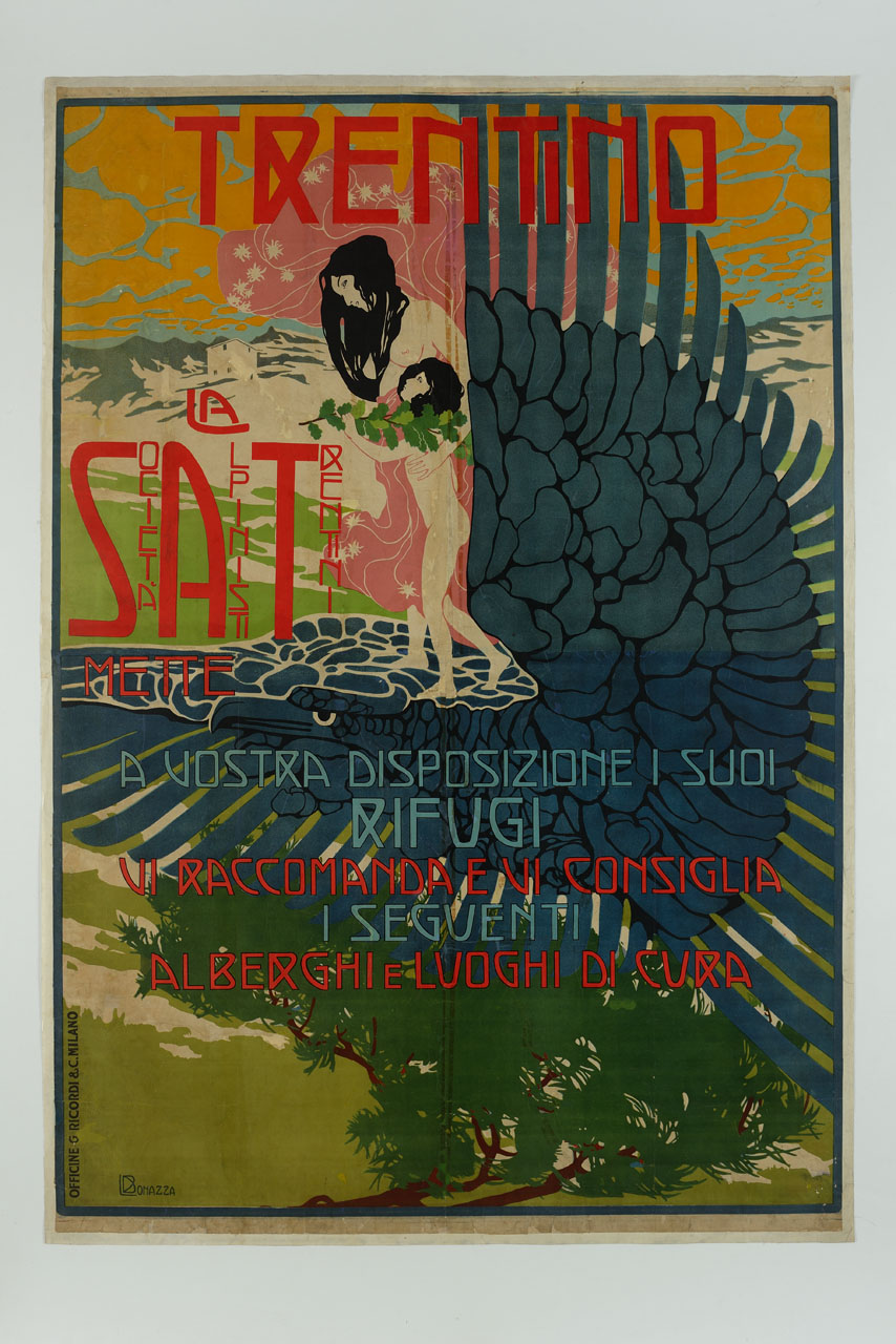 donna con una bambina escono da una roccia (manifesto) di Bonazza Luigi (sec. XX)