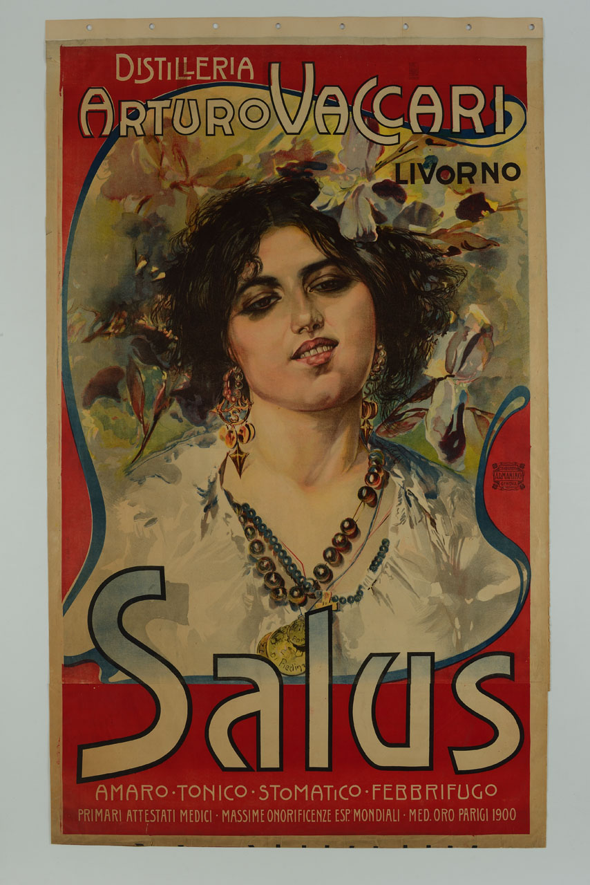 busto femminile con collane, orecchini, foglie e fiori in testa (manifesto) - ambito italiano (sec. XX)
