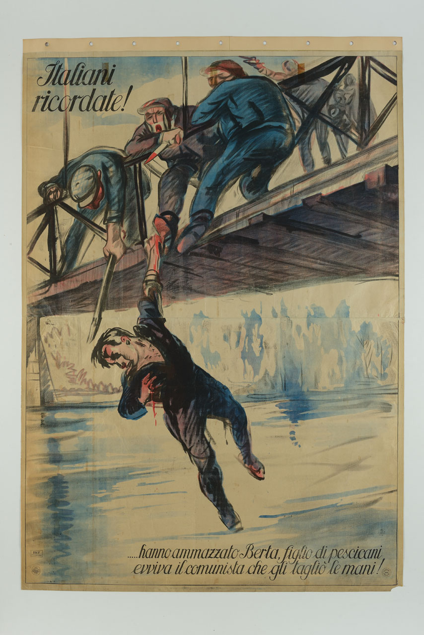 ragazzo ferito viene buttato giù da un ponte da un gruppo di uomini (manifesto) - ambito italiano (sec. XX)