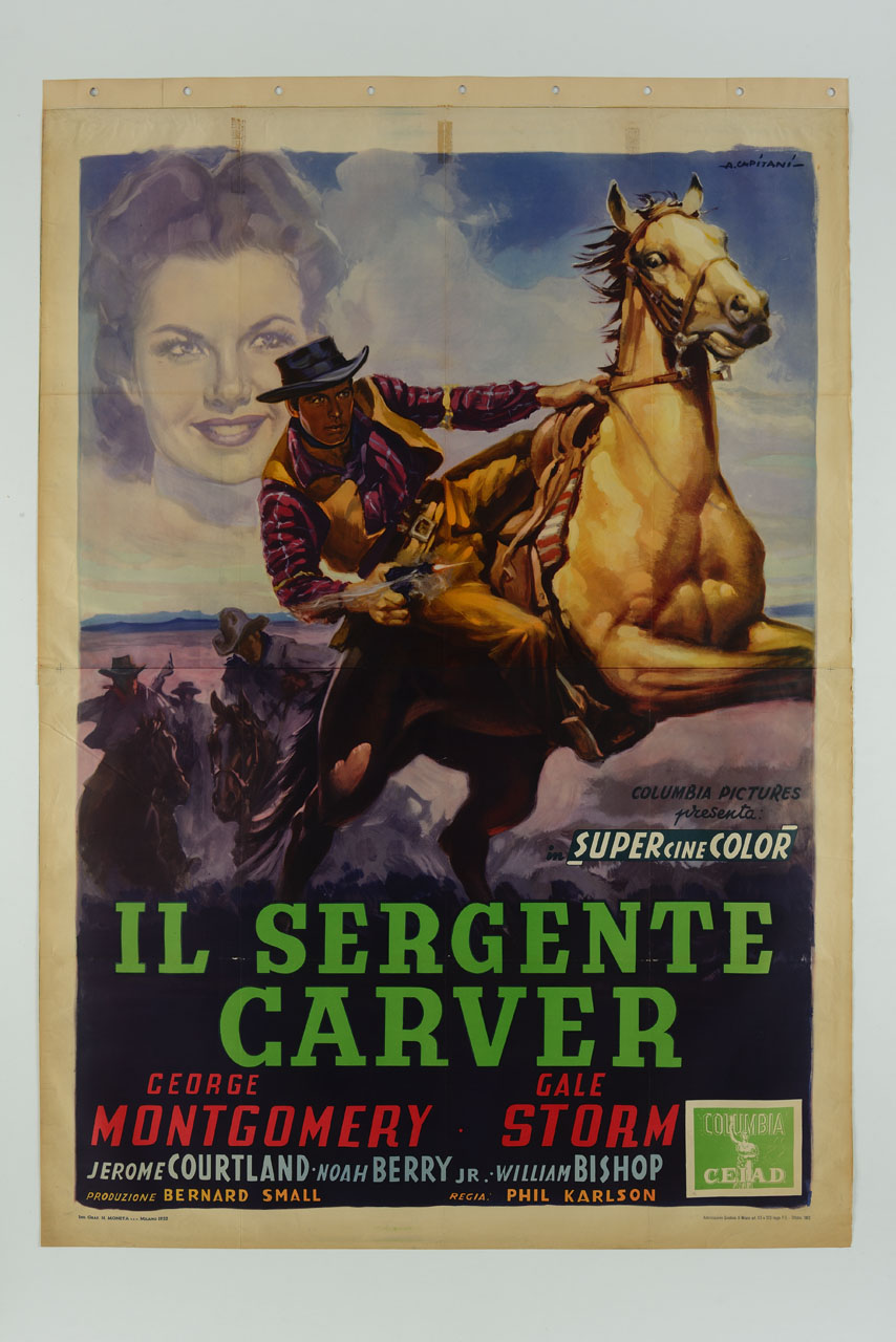 cowboys con pistole che cavalcano in velocità; sullo sfondo un volto femminile (manifesto) di Capitani Alfredo (sec. XX)