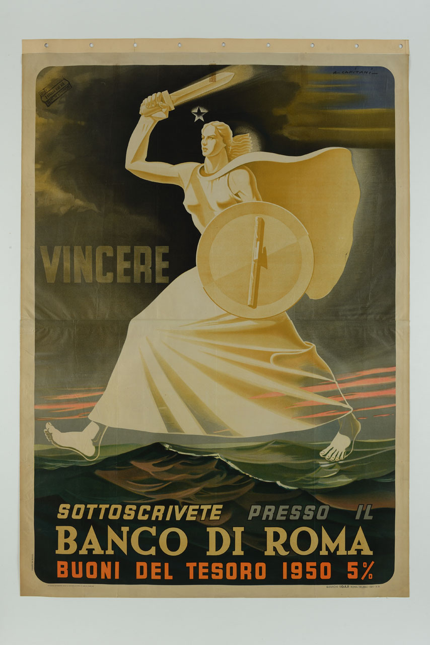 figura femminile con daga e scudo decorato con fascio littorio come allegoria della vittoria cammina sul mare ondoso mentre nel cielo compaiono le luci dell'aurora (manifesto) di Capitani Alfredo (sec. XX)
