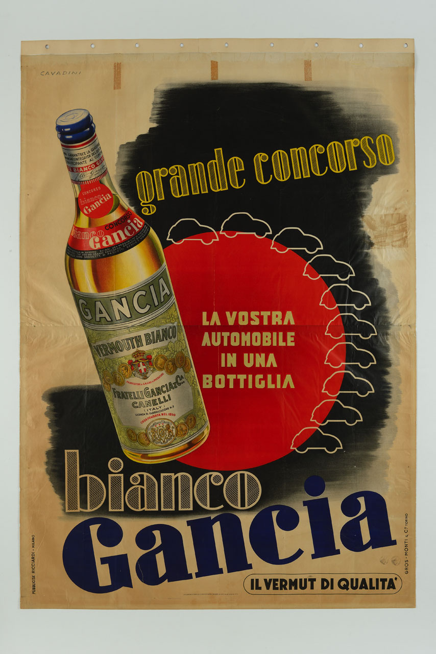bottiglia vicino a un cerchio rosso e alle sagome di automobili (manifesto) di Cavadini Alfredo (sec. XX)